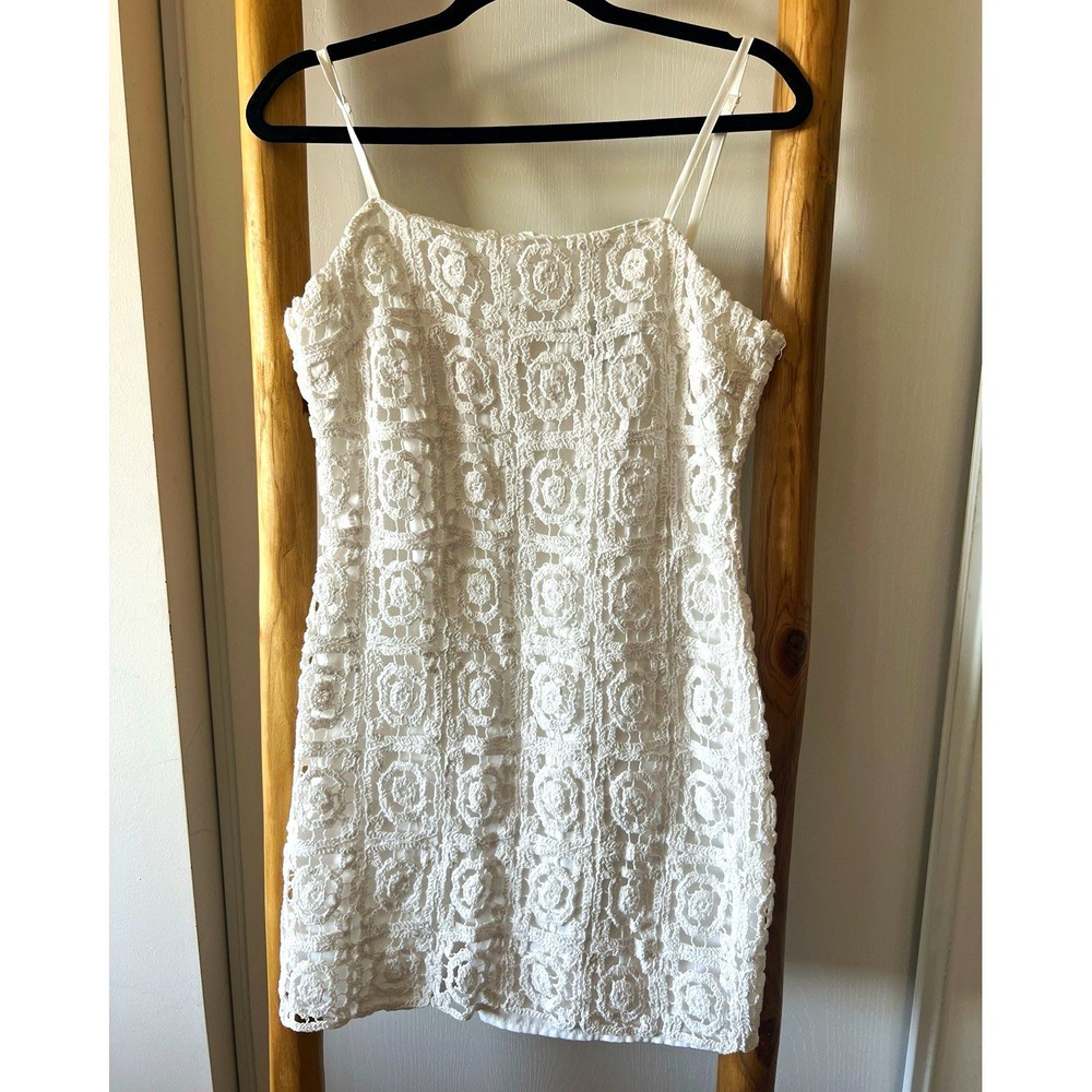 AQUA Womens White Floral Lace Square Neck Sleeveless Lined Mini Dress L